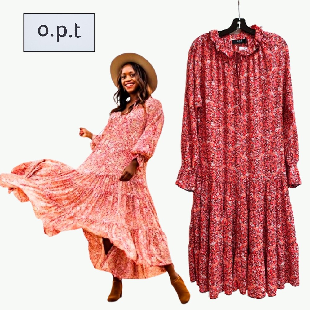 Anthropologie O.P.T. NEW Prairie Cottagecore Peasant Floral Tiered Maxi Dress S